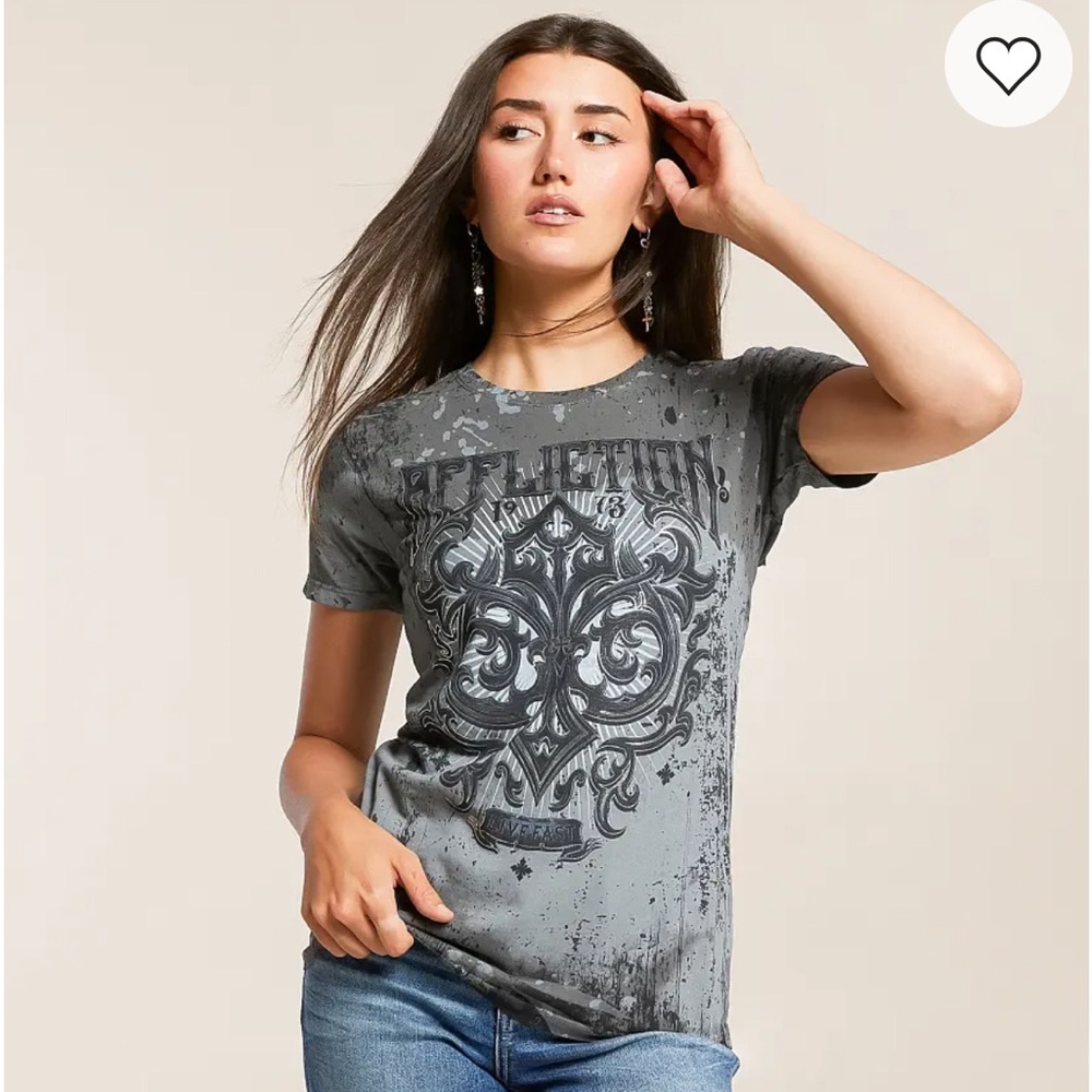 Affliction Gray Distressed Graphic Short Sleeve Tee
